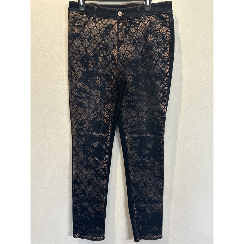 NWT Chico's The Platinum Dark Wash Gold Lace Foil Print Jegging Sz 1 (8) $119.00